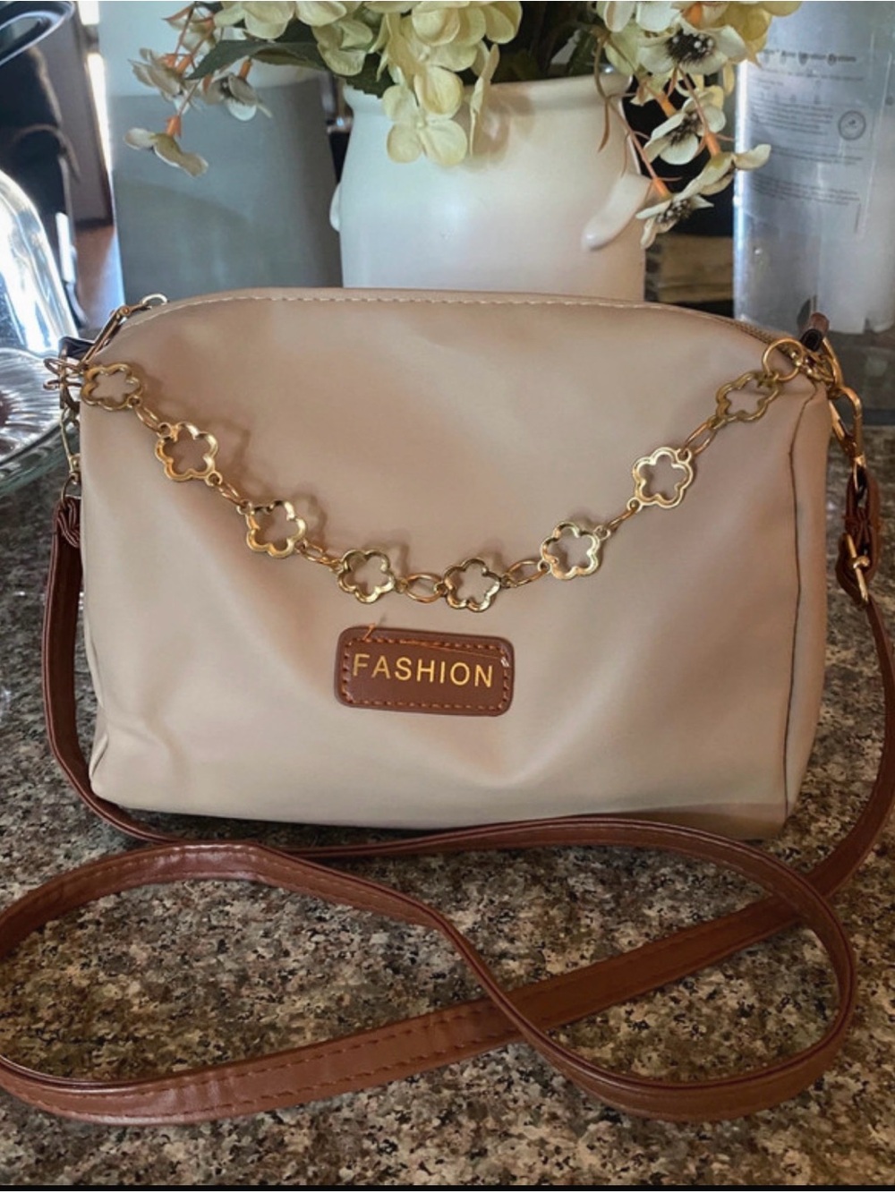 Beige 'FASHION' Crossbody Bag with Gold Chain Detail